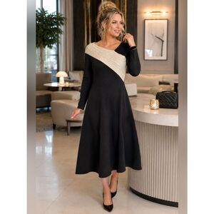 Dalia MacPhee Cream Asymmetrical Cable Knit Neck Black Midi Sweater Dress M NWT